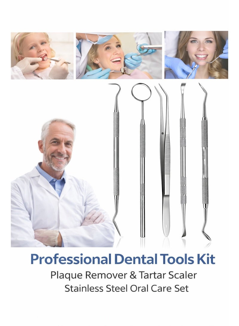 مجموعة أدوات أسنان احترافية 5 قطع – أداة إزالة البلاك ومكشطة الجير من الفولاذ المقاوم للصدأ مع ملقط ومرآة فم - Image 1